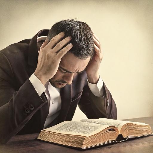 Stressed pastor with open Bible, symbolizing the burden of ministry. Christ-centered online therapy for Texas men seeking renewal.