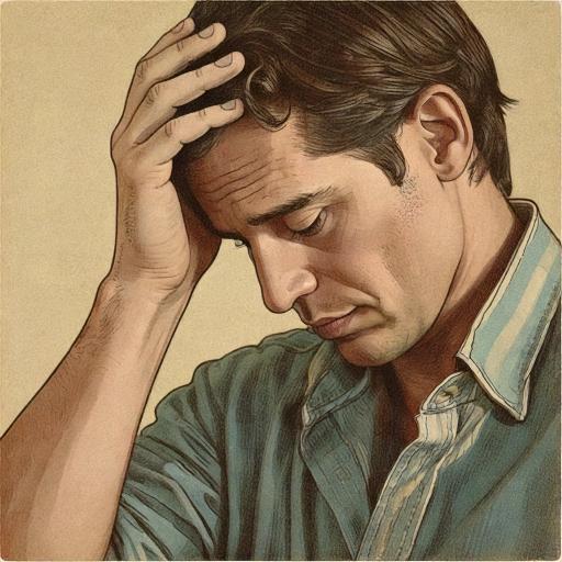Stressed man holding head, symbolizing anxiety and burnout. Christ-centered online therapy for Texas men seeking balance and peace.