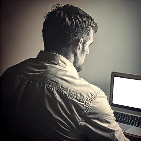 Man staring at laptop in dim light, symbolizing the grip of porn addiction. Christ-centered online therapy for Texas men seeking freedom.